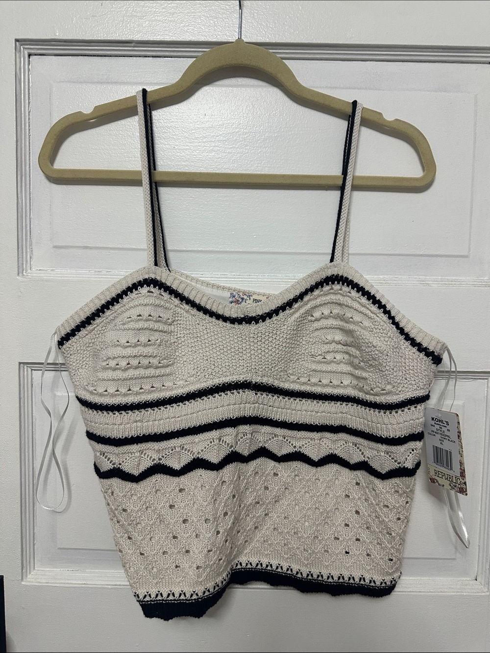 Pink Republic Ivory Crocheted Knit Camisole with Black Trim